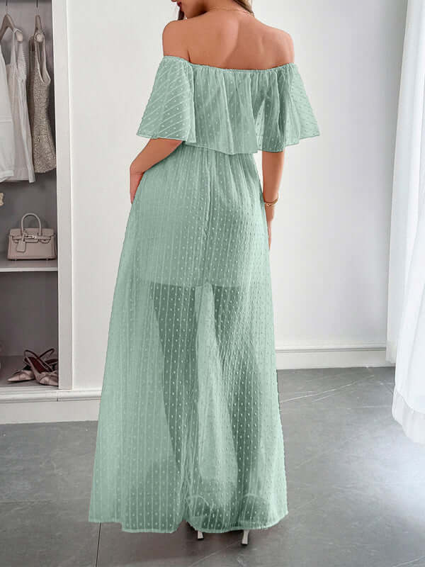 Elegant Strapless Waisted Maxi Dress in soft mint green, showcasing a flowing fit and feminine silhouette for womens fashion.