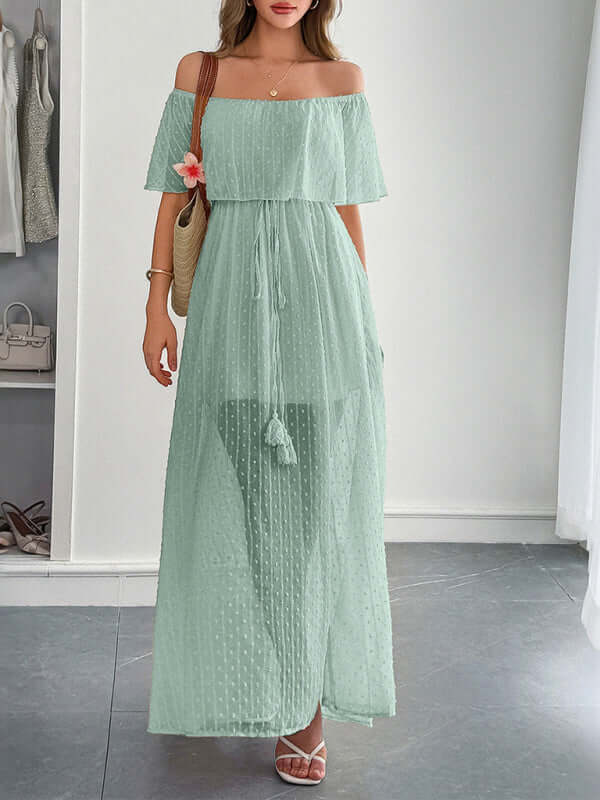 Elegant Strapless Waisted Maxi Dress in mint green, showcasing a flowing silhouette, perfect for women's fashion in spring.
