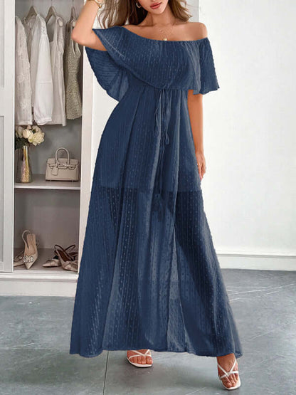 Elegant Strapless Waisted Maxi Dress in a flowy navy blue fabric, perfect for women's fashion styling in spring and summer.
