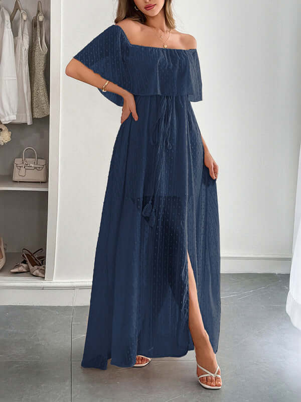 Elegant Strapless Waisted Maxi Dress in navy, perfect for spring and summer. Womens fashion with a stylish, flowing fit.