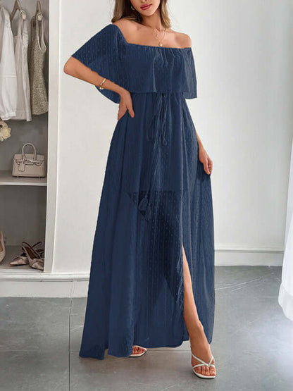 Elegant Strapless Waisted Maxi Dress in navy, perfect for spring and summer. Womens fashion with a stylish, flowing fit.