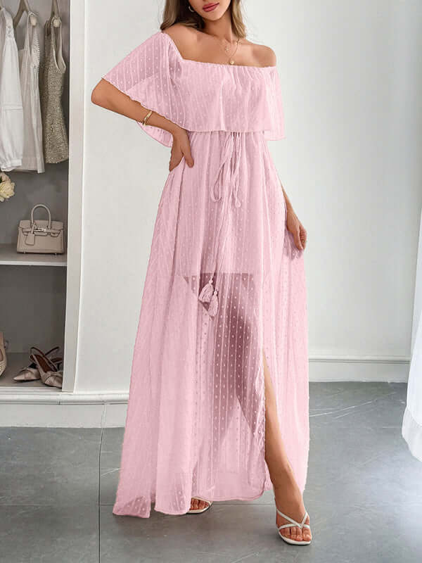 Elegant Strapless Waisted Maxi Dress in pink, featuring a flowing silhouette perfect for womens fashion and summer styling.