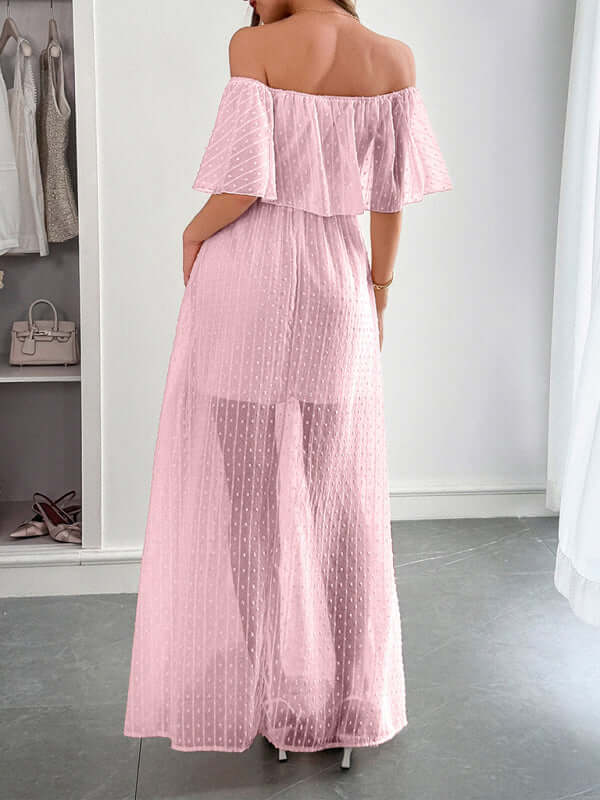 Elegant Strapless Waisted Maxi Dress in soft pink with flowing silhouette, perfect for womens fashion, summer styling.