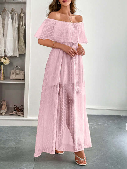 Elegant Strapless Waisted Maxi Dress in soft pink, showcasing a flowing silhouette and stylish off-shoulder design, perfect for womens fashion.