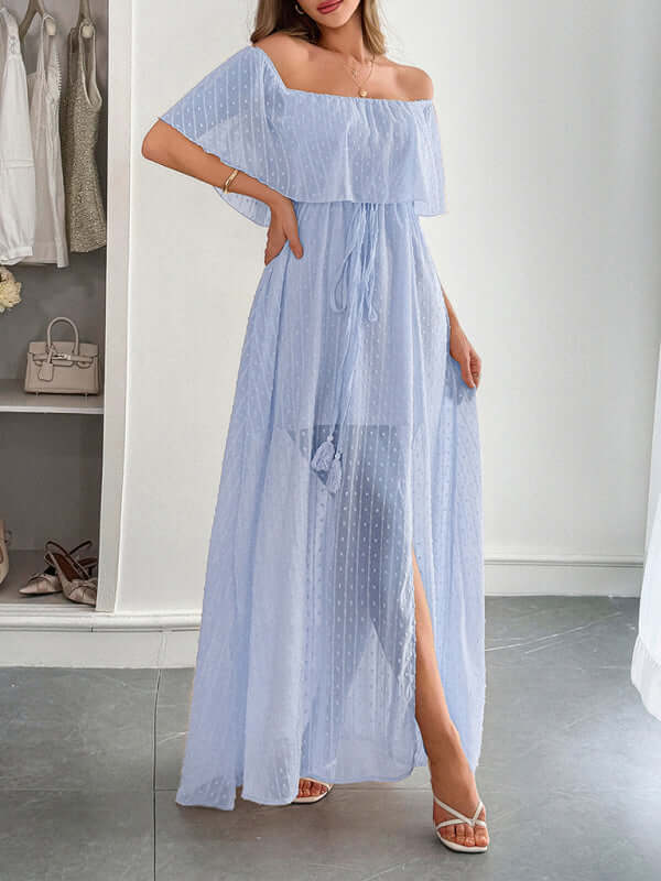 Elegant Strapless Waisted Maxi Dress in light blue, showcasing a flowing design, perfect for womens fashion. Ideal for spring.