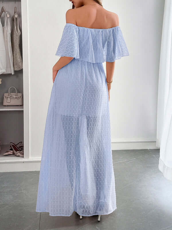 Back view of the Elegant Strapless Waisted Maxi Dress in light blue, showcasing a flowing fit perfect for women's fashion.