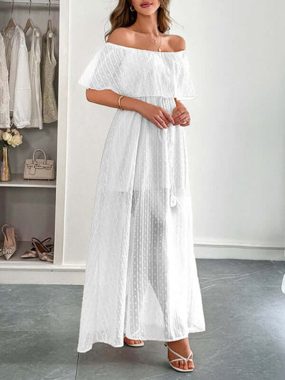 Elegant Strapless Waisted Maxi Dress in white, showcasing a flowing design perfect for womens fashion and summer outings.