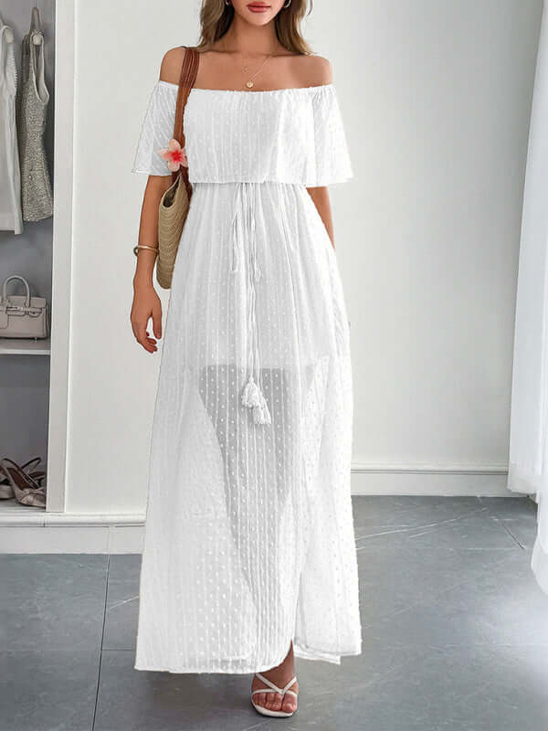 Elegant Strapless Waisted Maxi Dress in white, perfect for womens fashion, highlighting style and fit for casual summer outings.