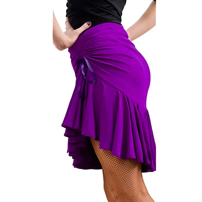 women's milk silk dance skirt in vibrant purple with ruffled detailing, perfect for Latin dance.