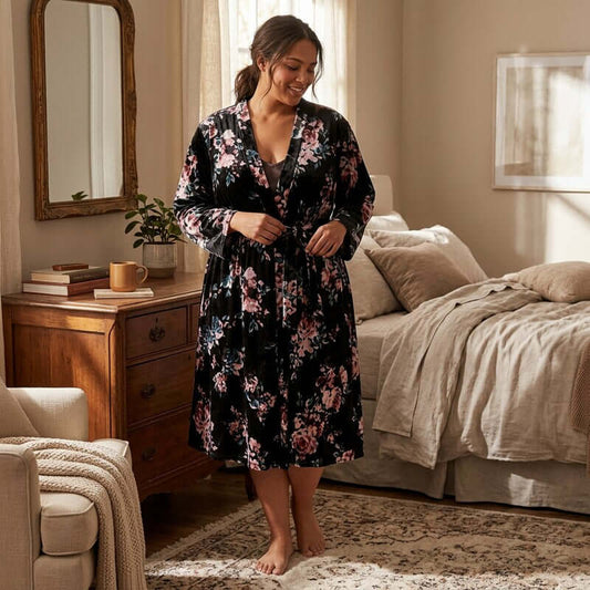 Women’s Plus Size Printed Velvet Wrap Robe