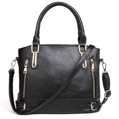 Women’s genuine leather shoulder bag with dual zipper pockets and a detachable strap, perfect for everyday use.